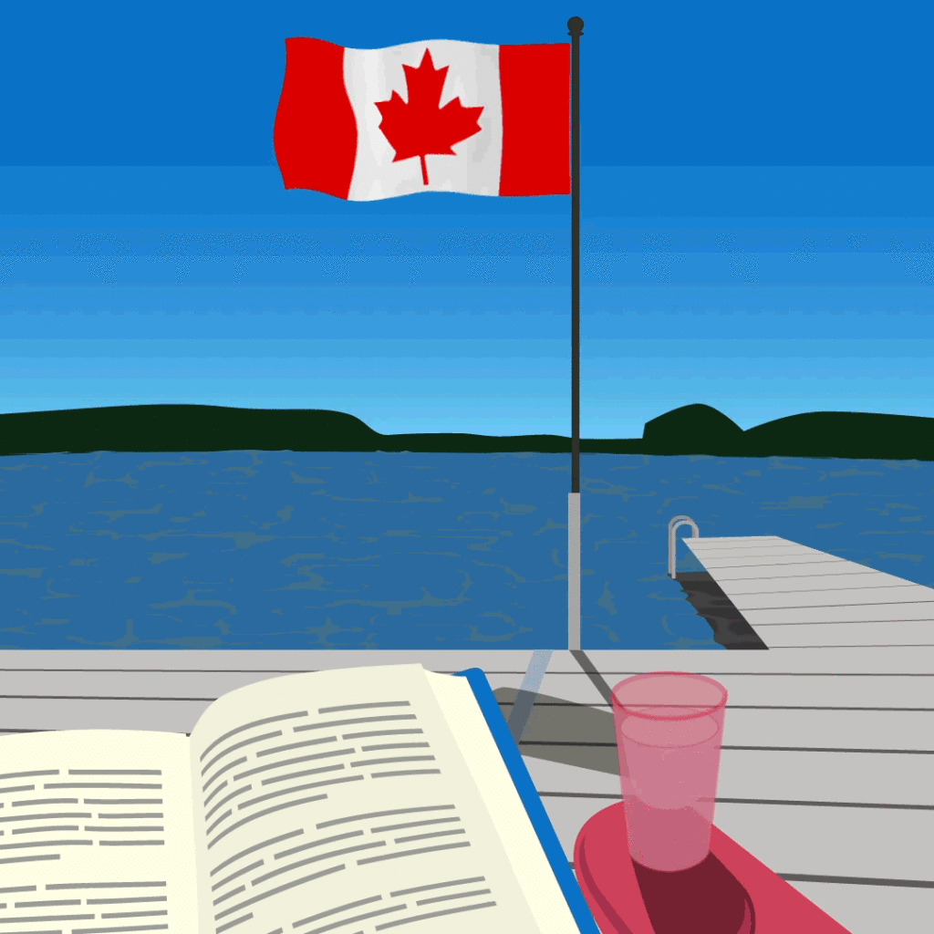 Animated view of a lake from a cottage dock