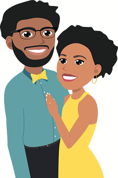 Cartoon vector illustration of couple with white background. Couple wearing yellow bowtie and dress