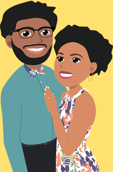 Cartoon vector illustration of couple with yellow background. Couple is wearing a floral patterned bowtie and dress