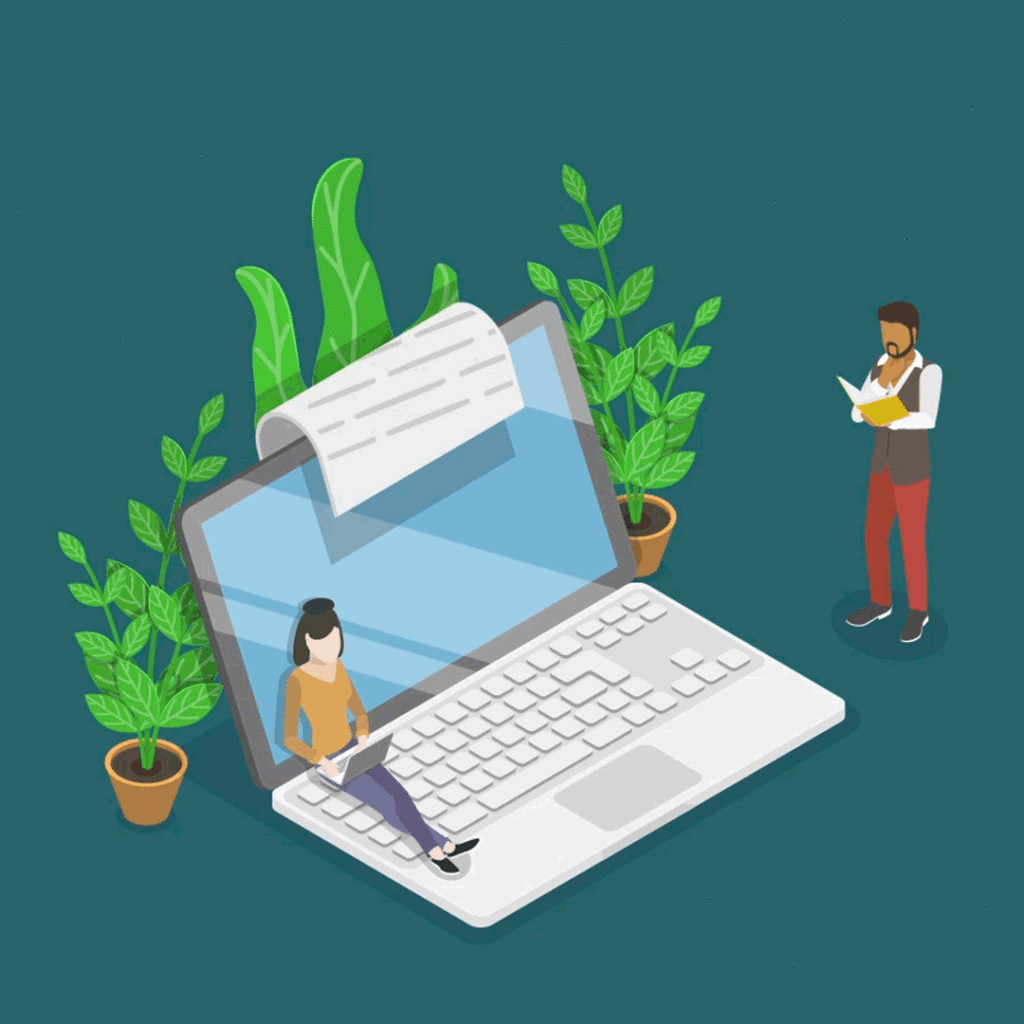 animation of laptop with paper spilling out of it with plants behind the laptop. A girl is laying on the laptop typing on a laptop while a man reads a book