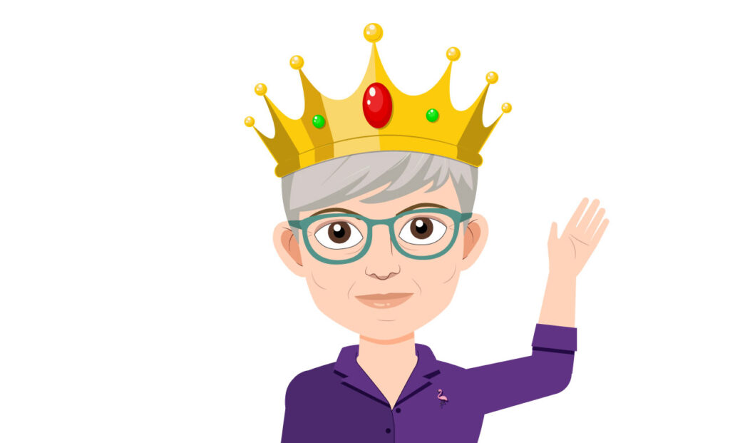 Caricature of Tamra waving AKA the Tmoji
