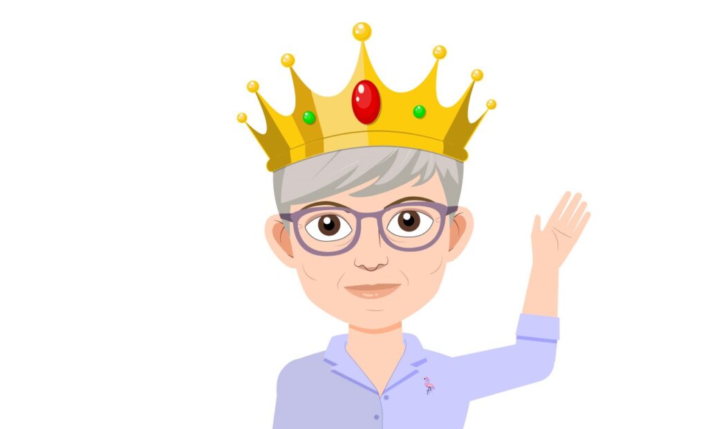 Caricature of Tamra waving AKA the Tmoji updated with a lilac blouse and dark purple glasses