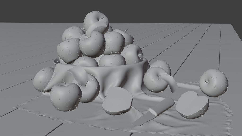 Wireframe of 3D model of a basket full of apples