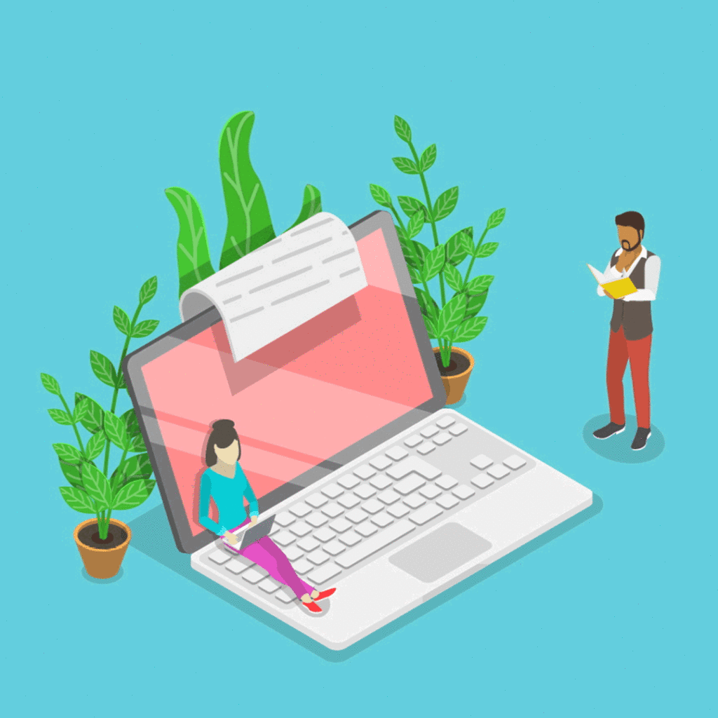 animation of laptop with paper spilling out of it with plants behind the laptop. A girl is laying on the laptop typing on a laptop while a man reads a book