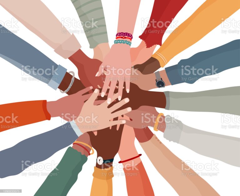 Teamwork of multi-ethnic and multicultural people working together.