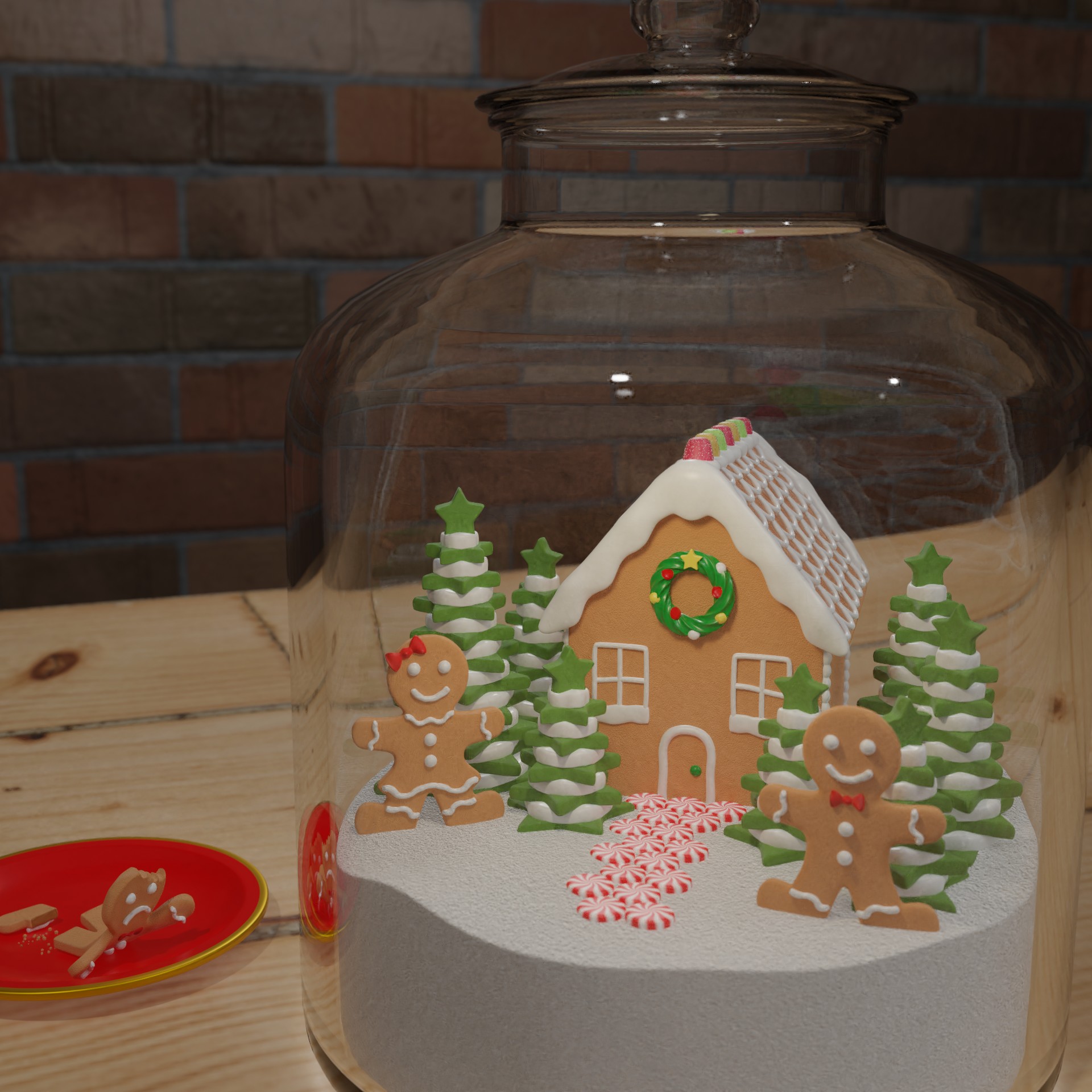 World in a bottle submission. Gingerbread house and people in a glass bottle
